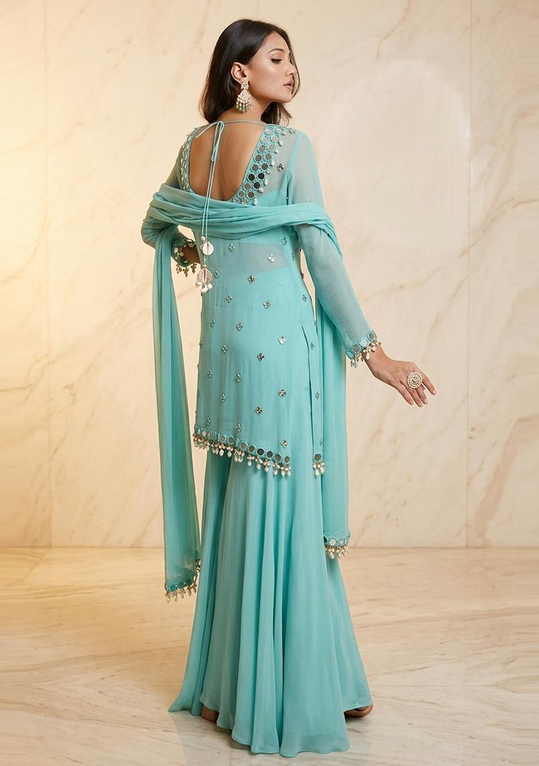 Aqua Blue Embroidered Handwork Sharara Set - Indya