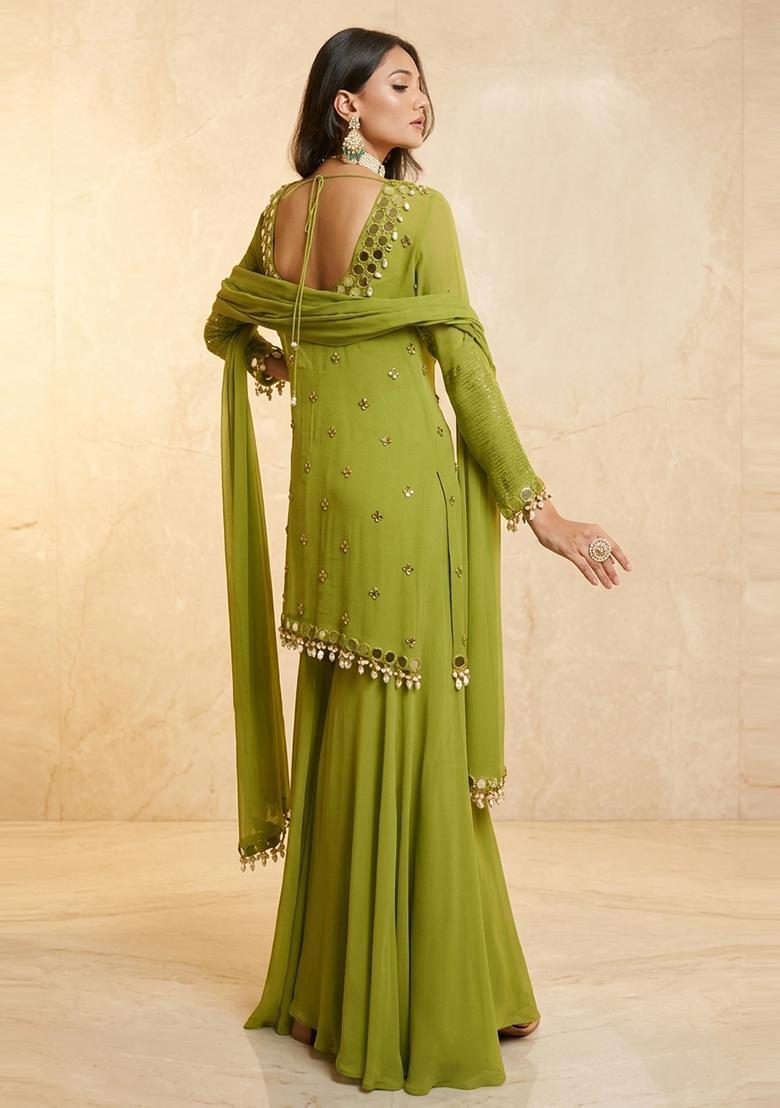 Apple Green Embroidered Handwork Sharara Set - Indya