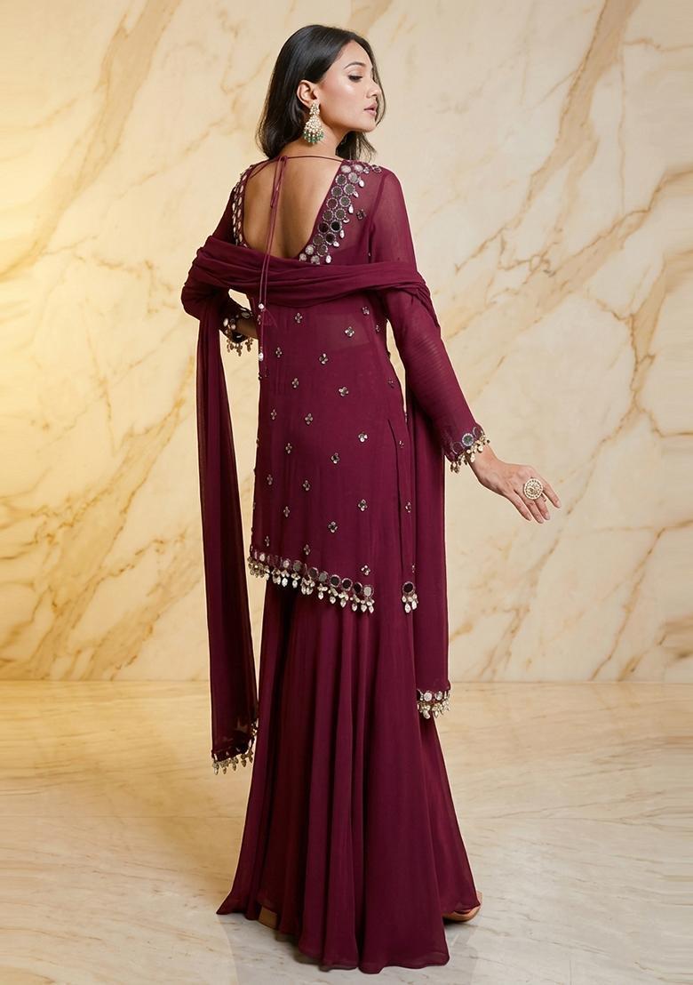 Wine Embroidered Handwork Sharara Set - Indya