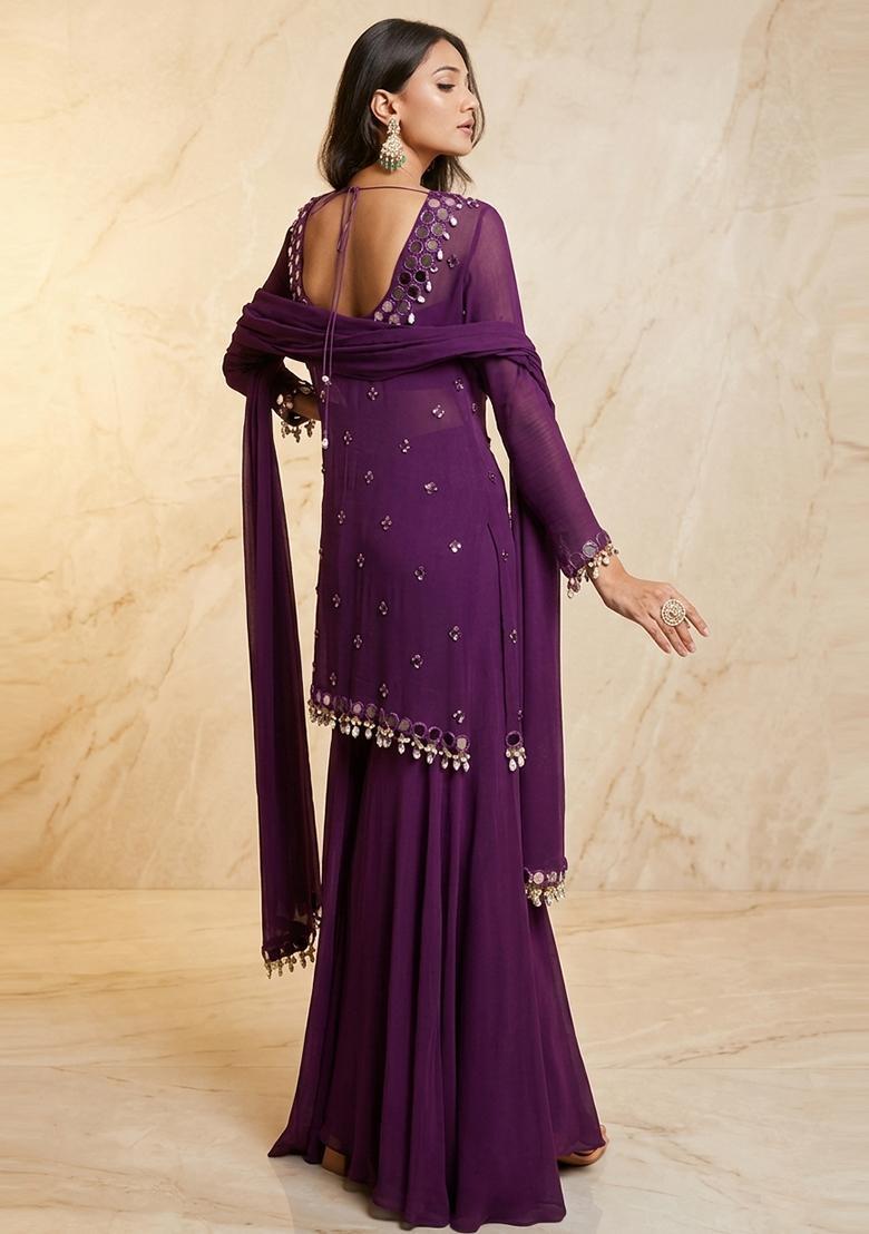 Plum Purple Embroidered Handwork Sharara Set - Indya