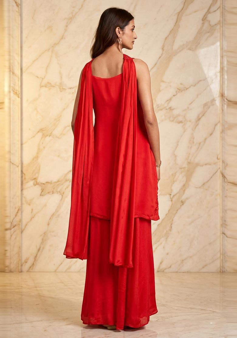 Bright Red Embroidered Handwork Kurta Set - Indya