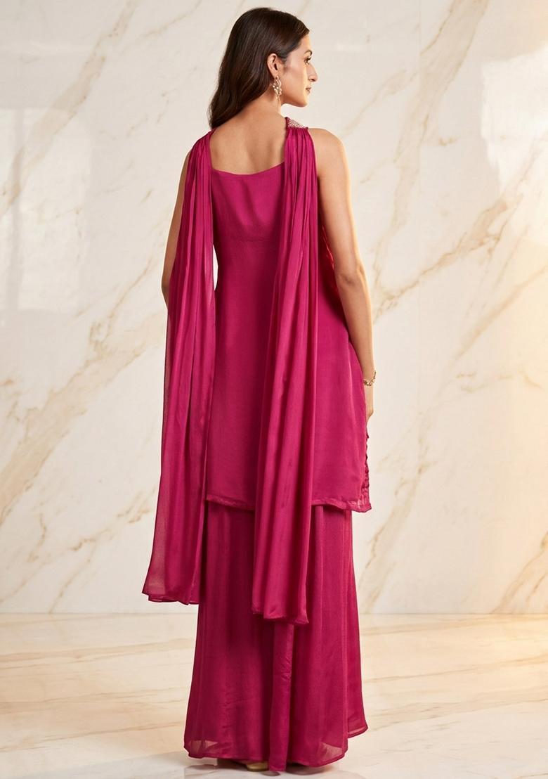 Magenta Pink Embroidered Handwork Kurta Set - Indya