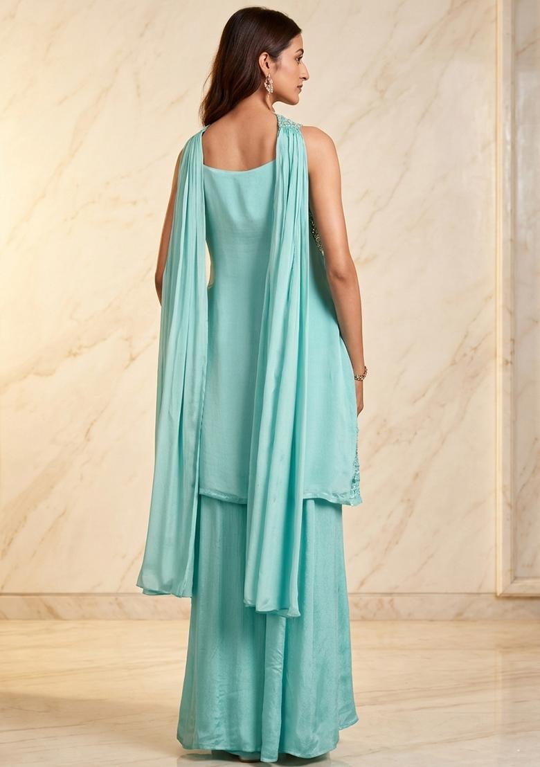 Aqua Blue Embroidered Handwork Kurta Set - Indya