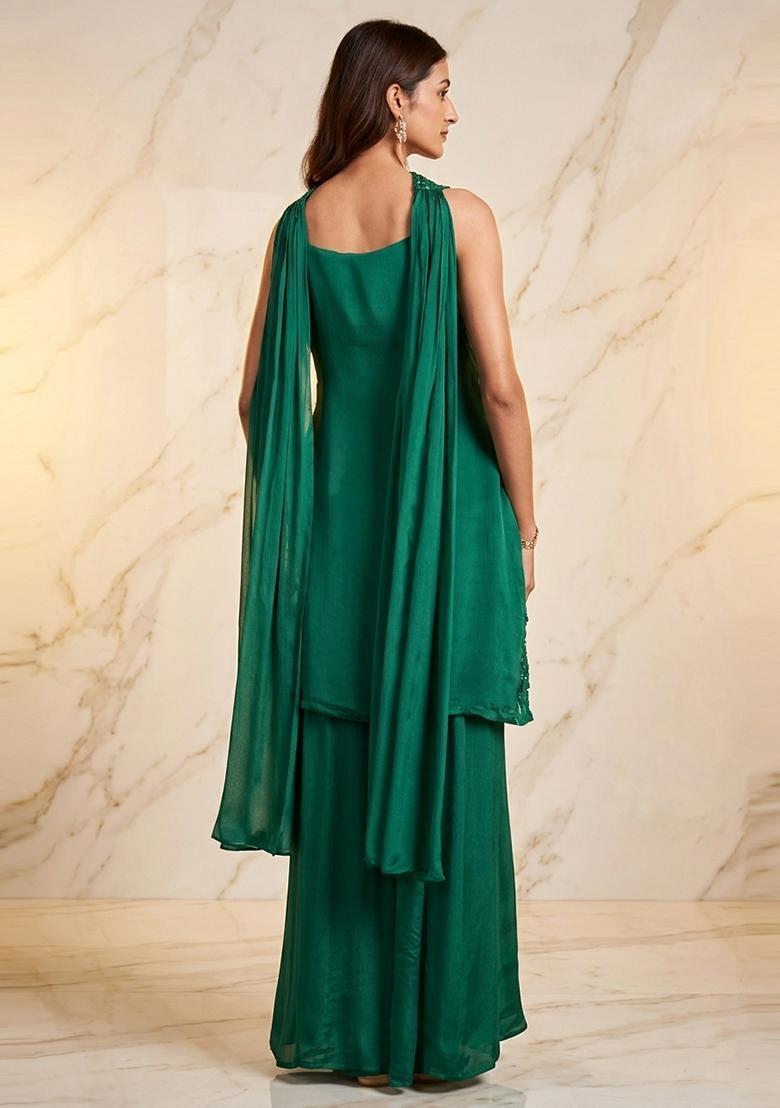 Emerald Green Embroidered Handwork Kurta Set - Indya