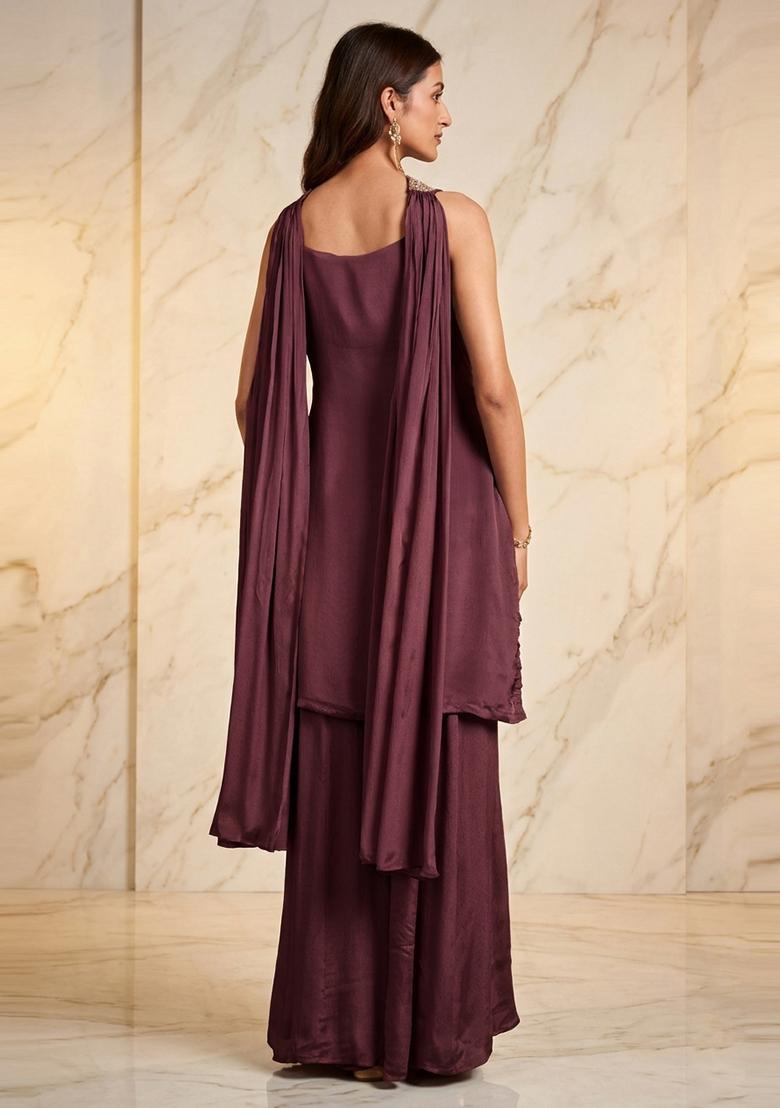 Mauve Embroidered Handwork Kurta Set - Indya