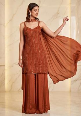 Brown Embroidered Handwork Kurta Set