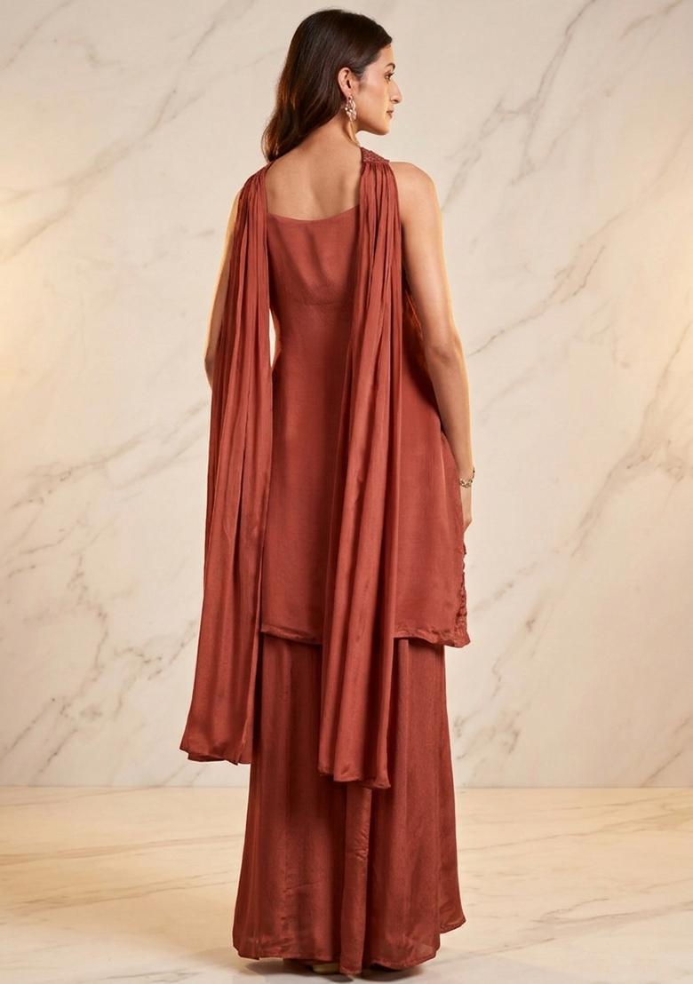 Brown Embroidered Handwork Kurta Set - Indya