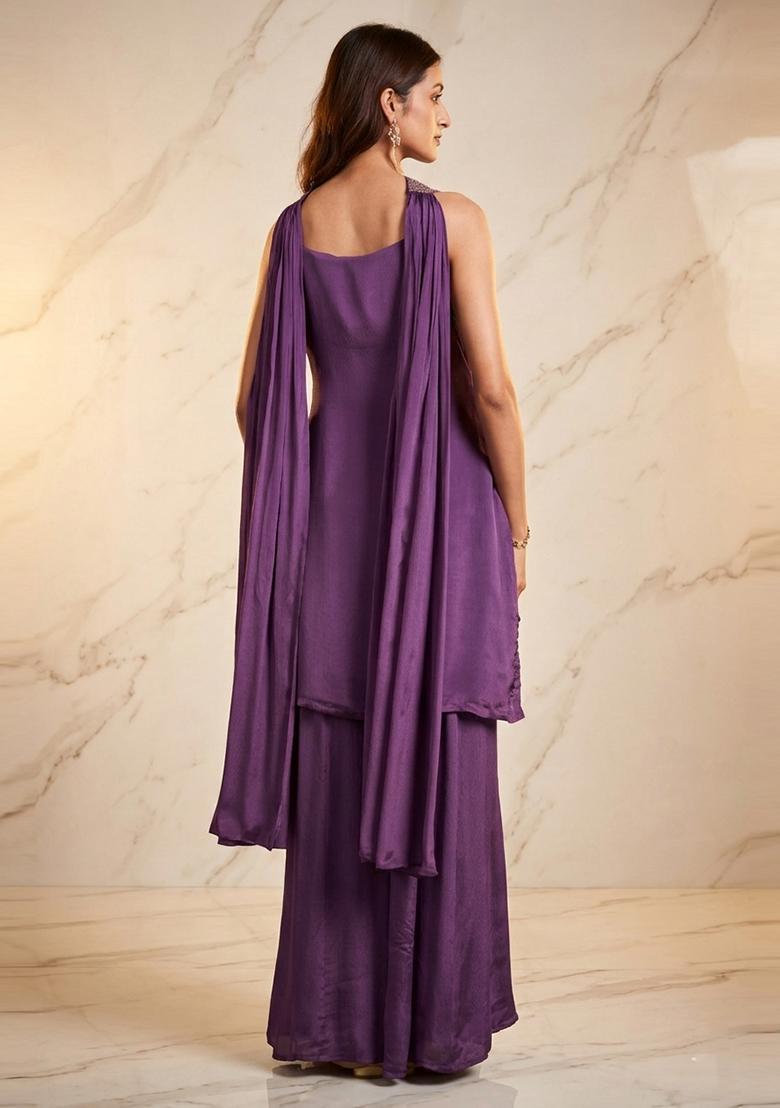 Damson Purple Embroidered Handwork Kurta Set - Indya