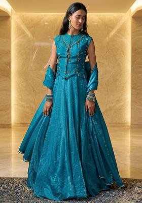 Teal Blue Embroidered Handwork Lehenga Set