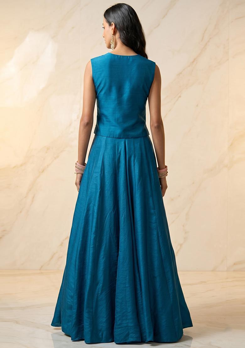 Teal Blue Embroidered Handwork Lehenga Set - Indya