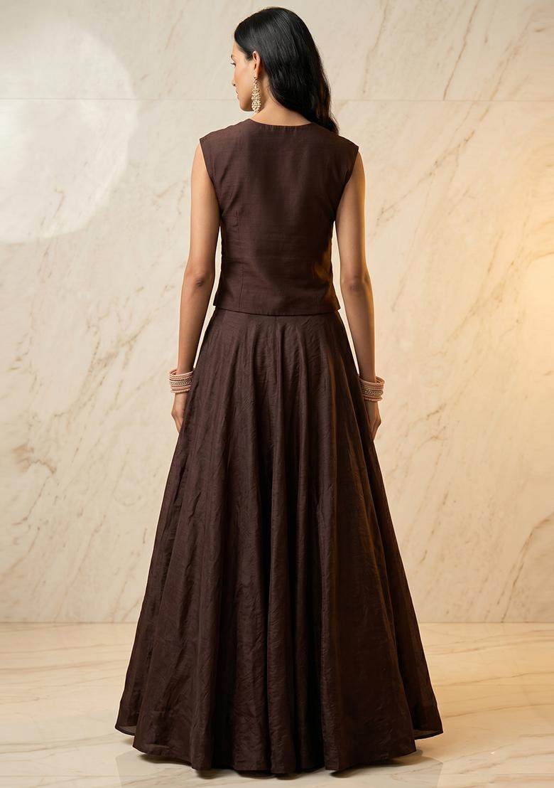 Dark Brown Embroidered Handwork Lehenga Set - Indya