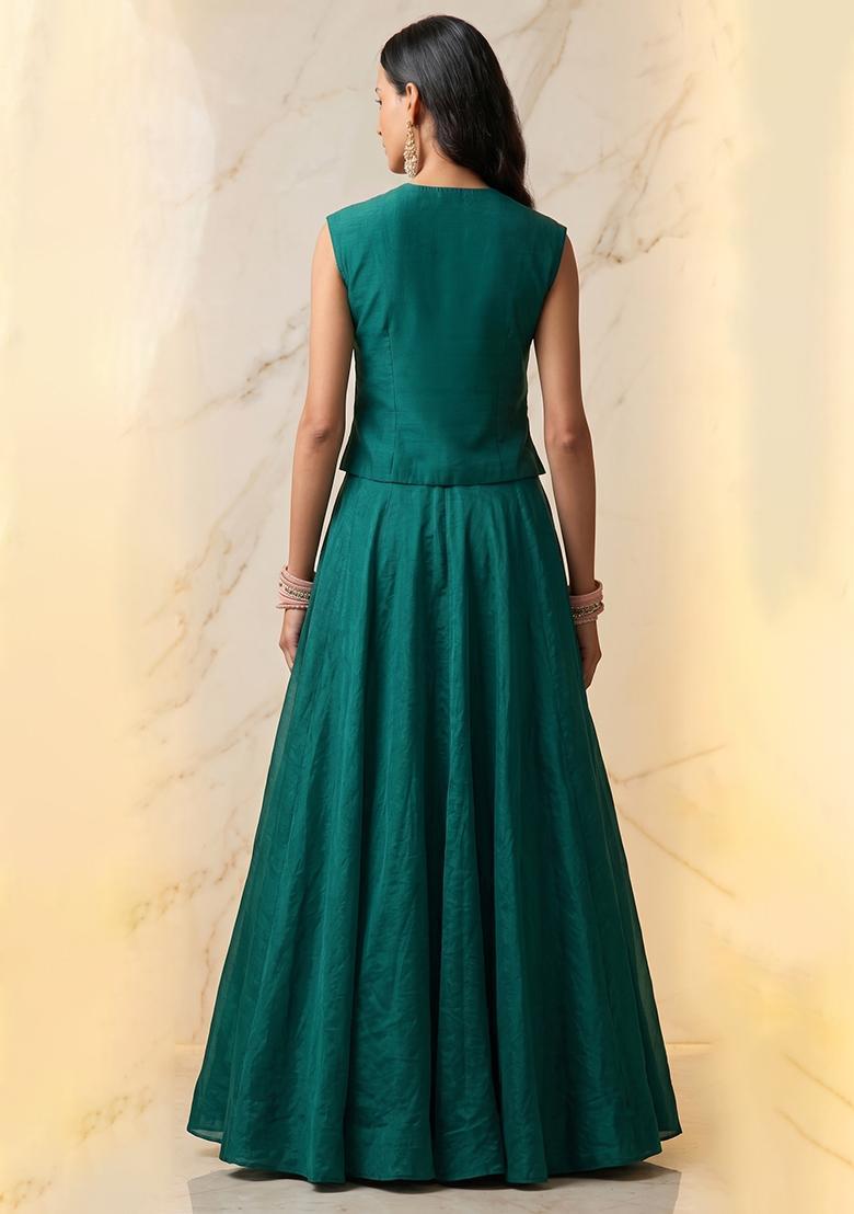 Emerald Green Embroidered Handwork Lehenga Set - Indya