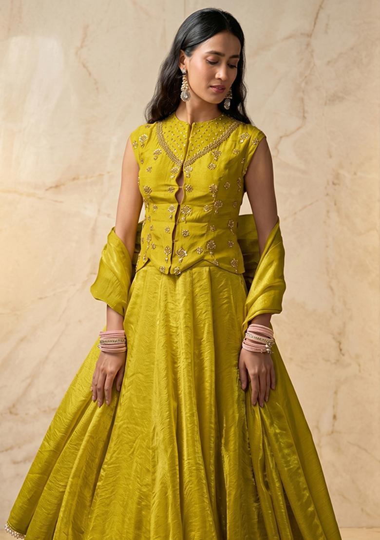 Lime Embroidered Handwork Lehenga Set - Indya