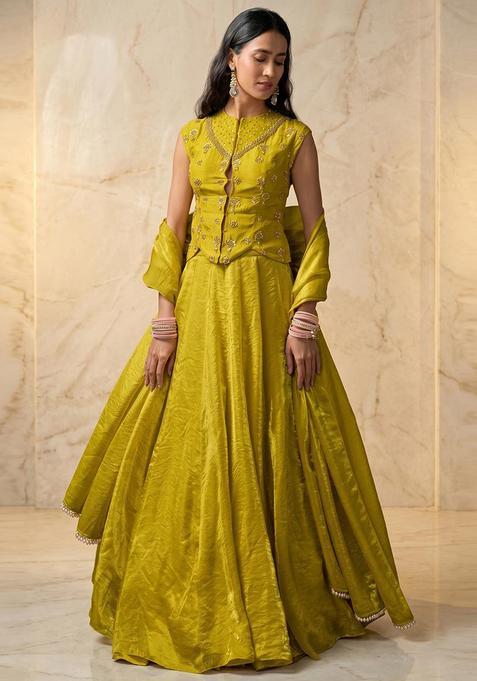 Lime Embroidered Handwork Lehenga Set