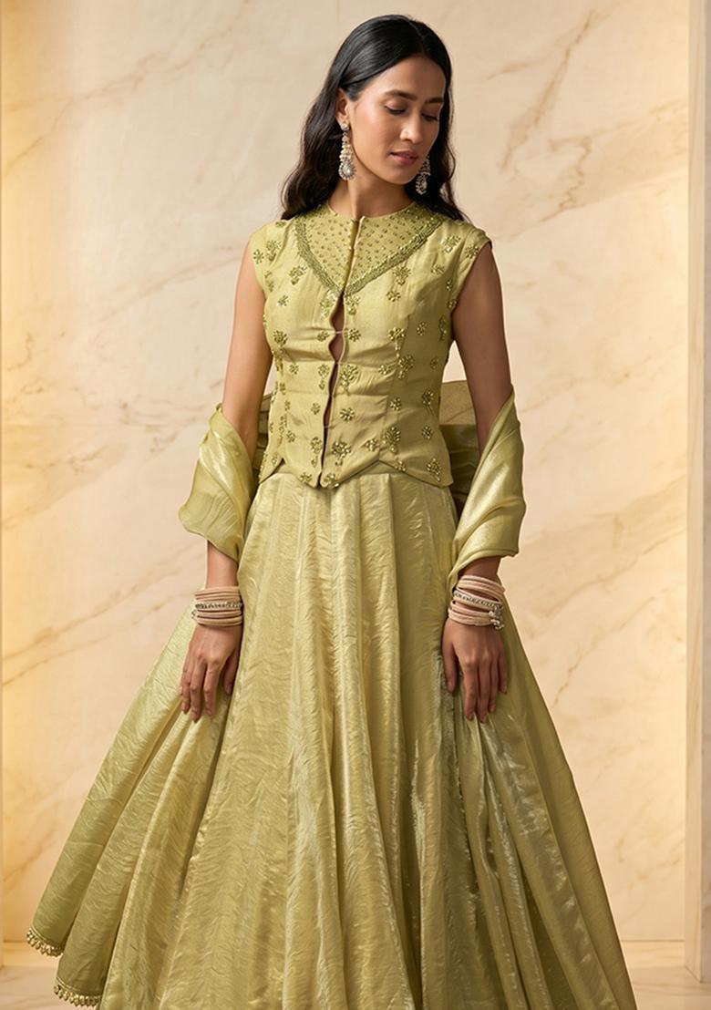 Pastel Green Embroidered Handwork Lehenga Set - Indya