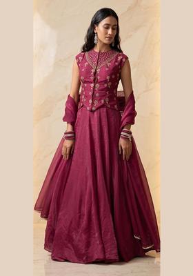 Magenta Embroidered Handwork Lehenga Set