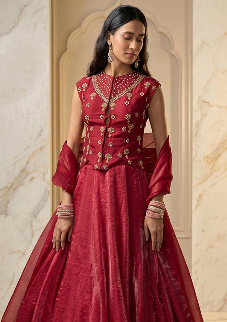 Maroon Embroidered Handwork Lehenga Set - Indya