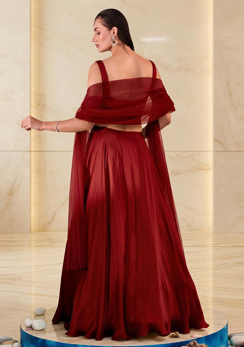 Maroon Embroidered Handwork Lehenga Set - Indya