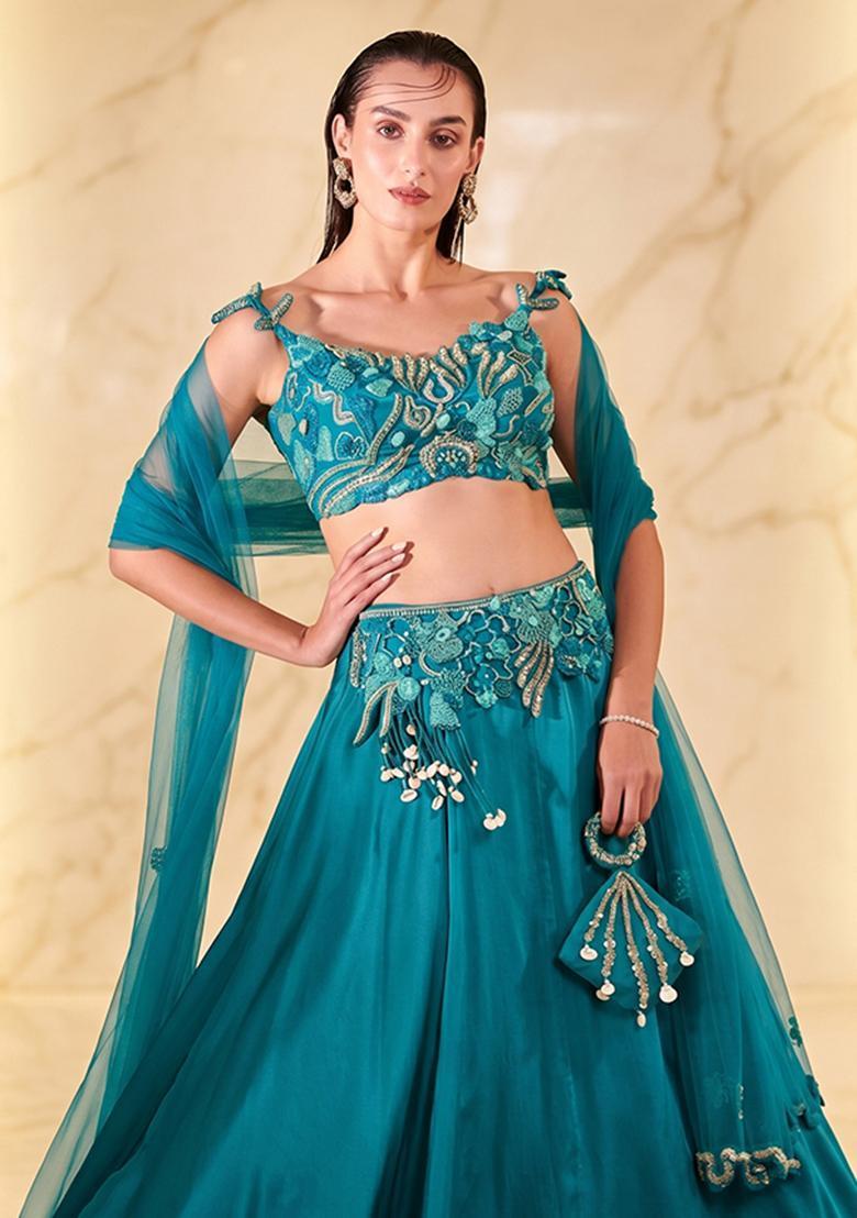 Teal Blue Embroidered Handwork Lehenga Set - Indya