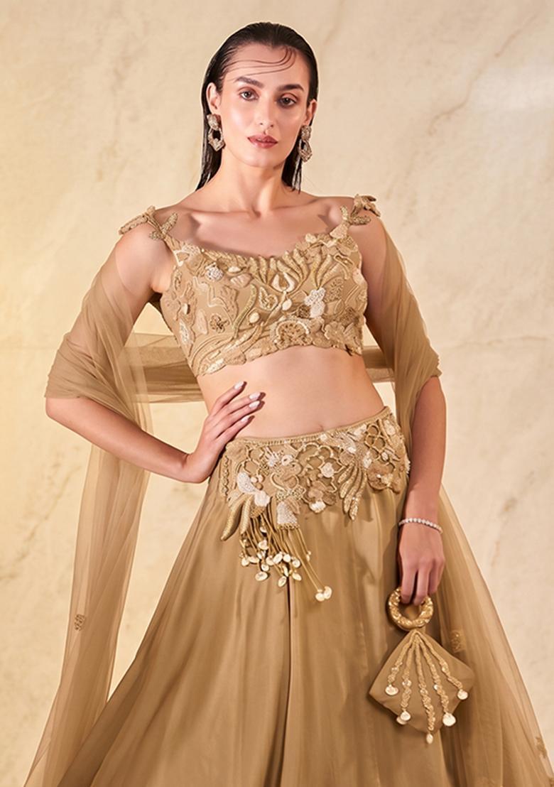 Beige Gold Embroidered Handwork Lehenga Set - Indya