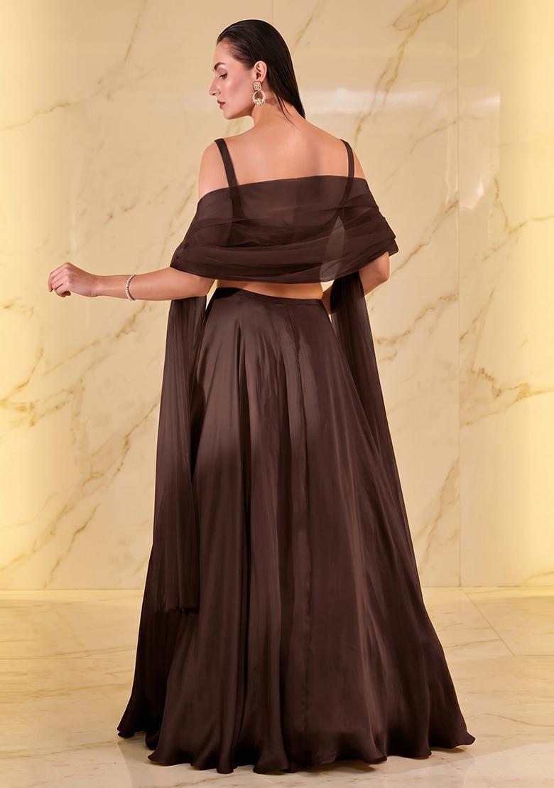 Dark Brown Embroidered Handwork Lehenga Set - Indya