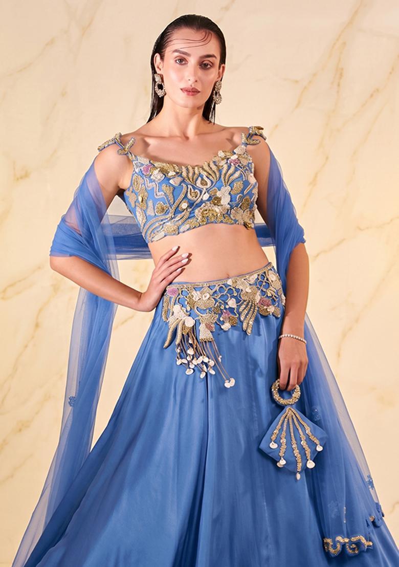 Blue Embroidered Handwork Lehenga Set - Indya