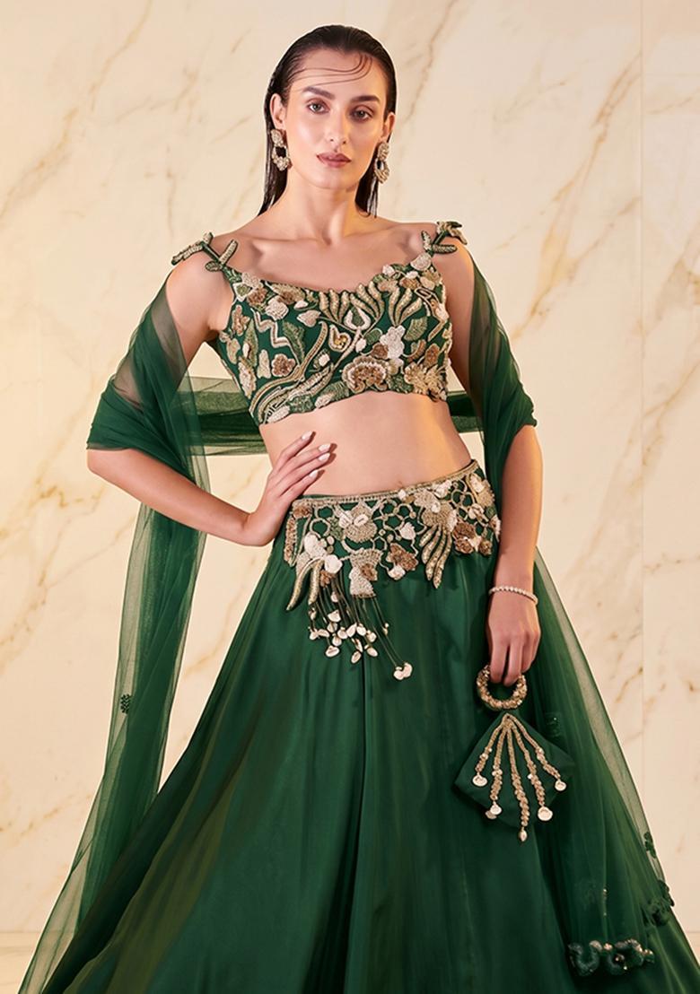 Bottle Green Embroidered Handwork Lehenga Set - Indya