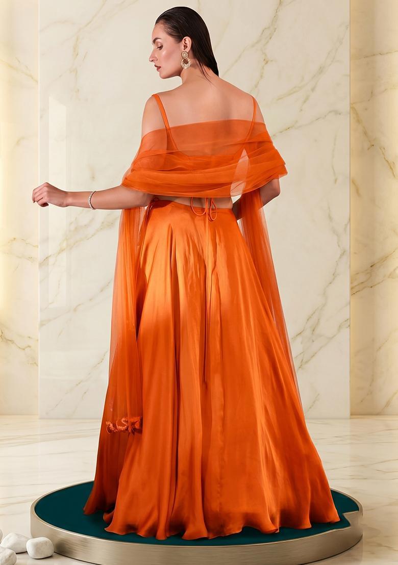 Orange Embroidered Handwork Lehenga Set - Indya