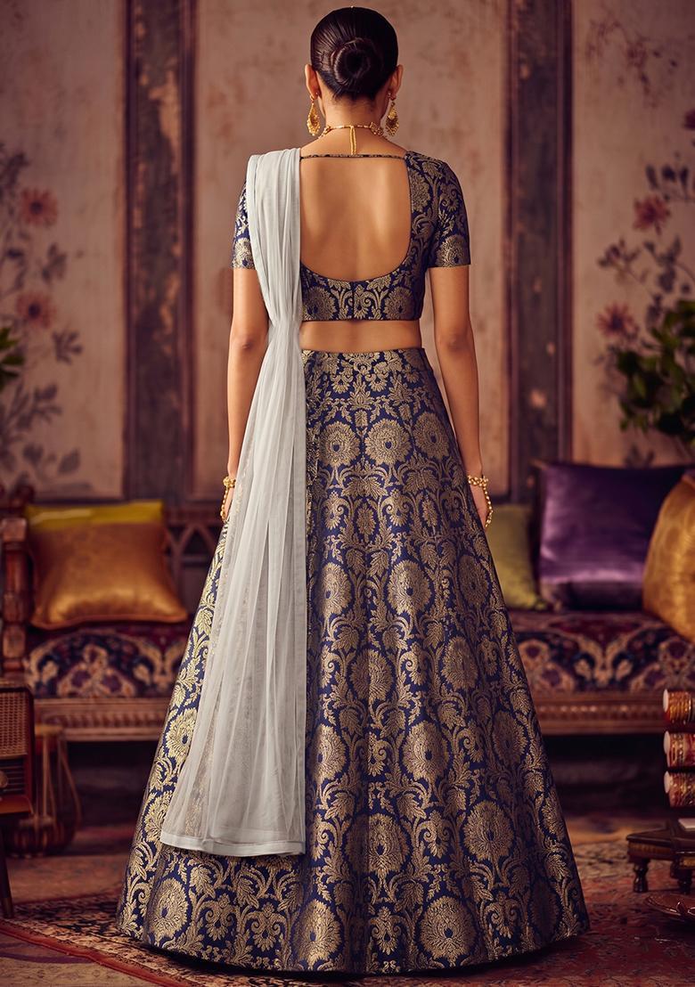 Navy Blue Brocade Lehenga Set - Indya
