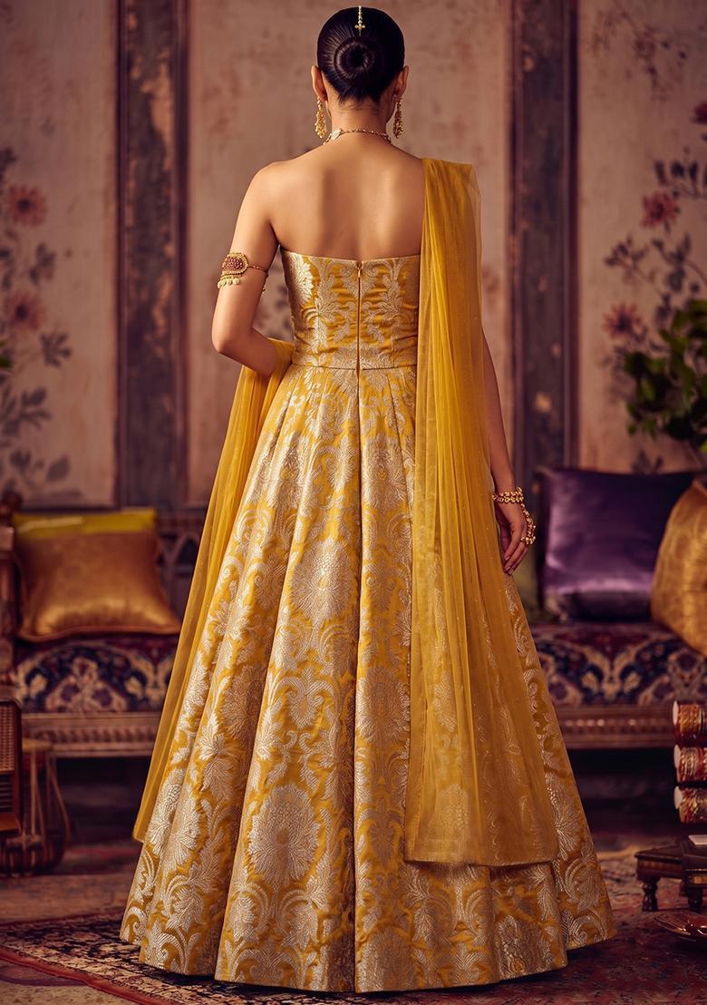Mustard Yellow Brocade Lehenga Set - Indya