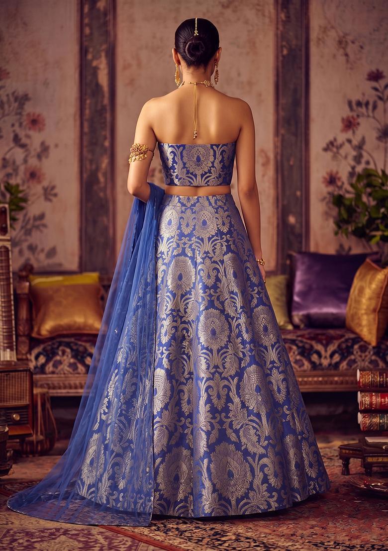 Periwinkle Blue Brocade Lehenga Set - Indya
