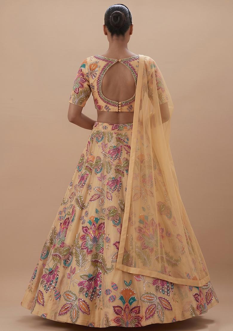 Peach Yellow Printed Organza Lehenga Set - Indya