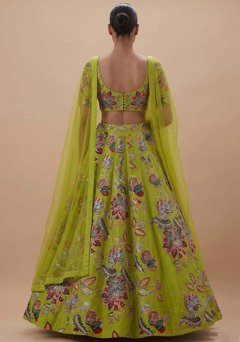 Lime Green Printed Organza Lehenga Set - Indya