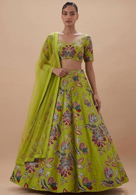 Lime Green Printed Organza Lehenga Set