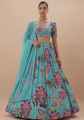 Turquoise Blue Printed Organza Lehenga Set