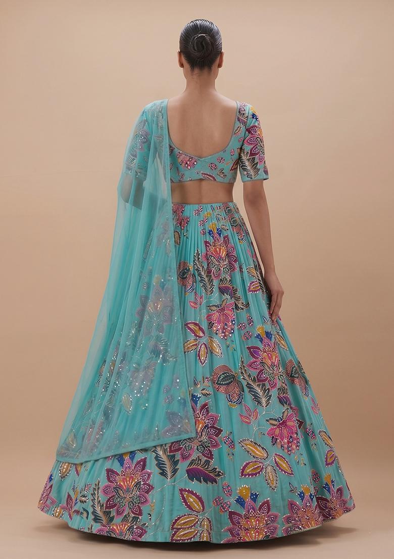 Turquoise Blue Printed Organza Lehenga Set - Indya