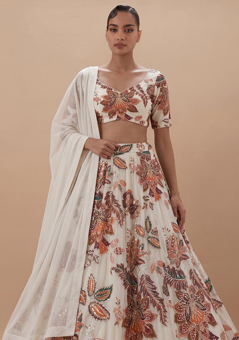 Off-White Printed Organza Lehenga Set - Indya
