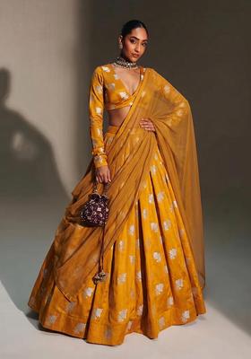 Mustard Yellow Brocade Lehenga Set