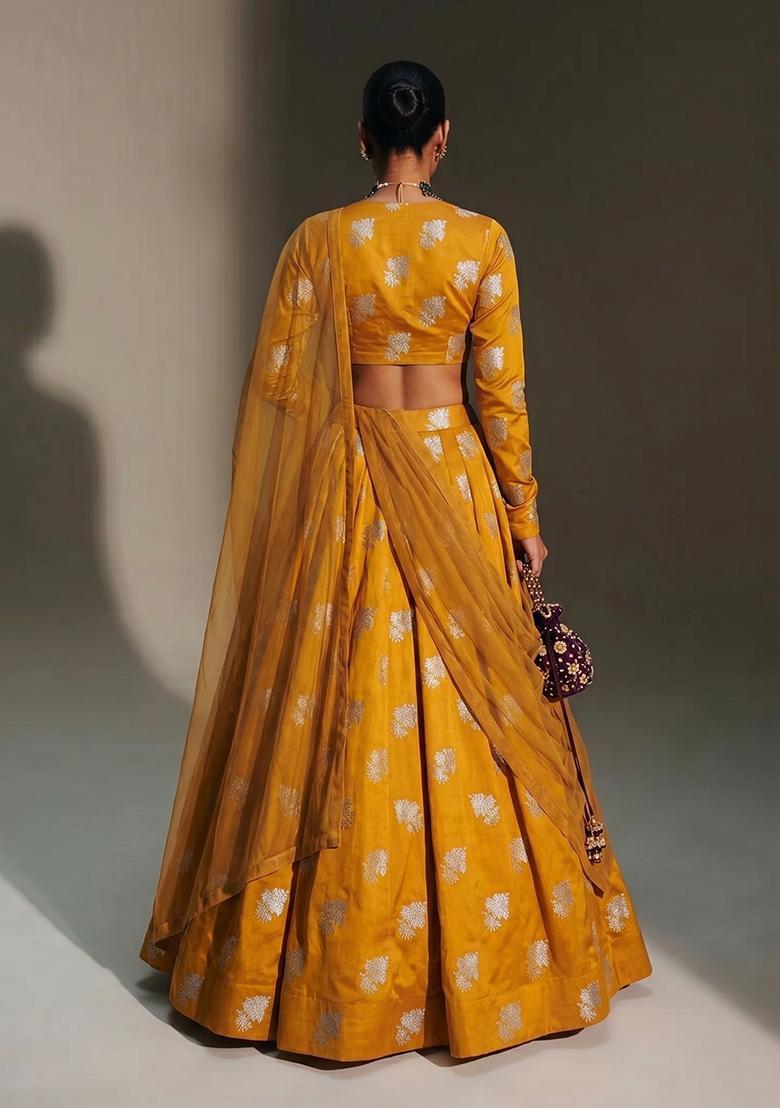 Mustard Yellow Brocade Lehenga Set - Indya