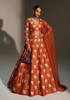 Rust Orange Brocade Lehenga Set