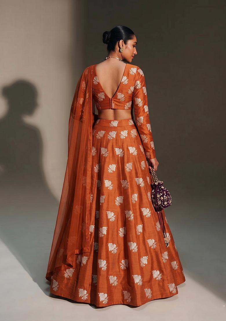Rust Orange Brocade Lehenga Set - Indya