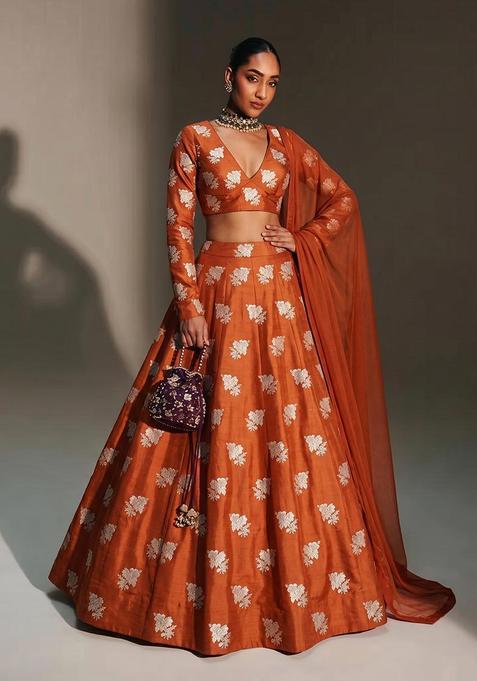 Rust Orange Brocade Lehenga Set