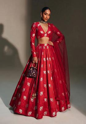 Crimson Red Brocade Lehenga Set