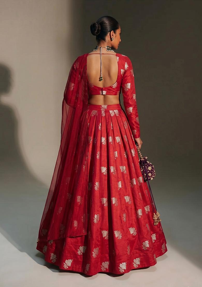 Crimson Red Brocade Lehenga Set - Indya