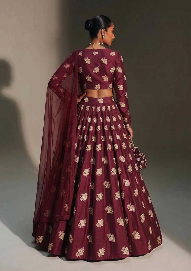 Deep Wine Brocade Lehenga Set - Indya