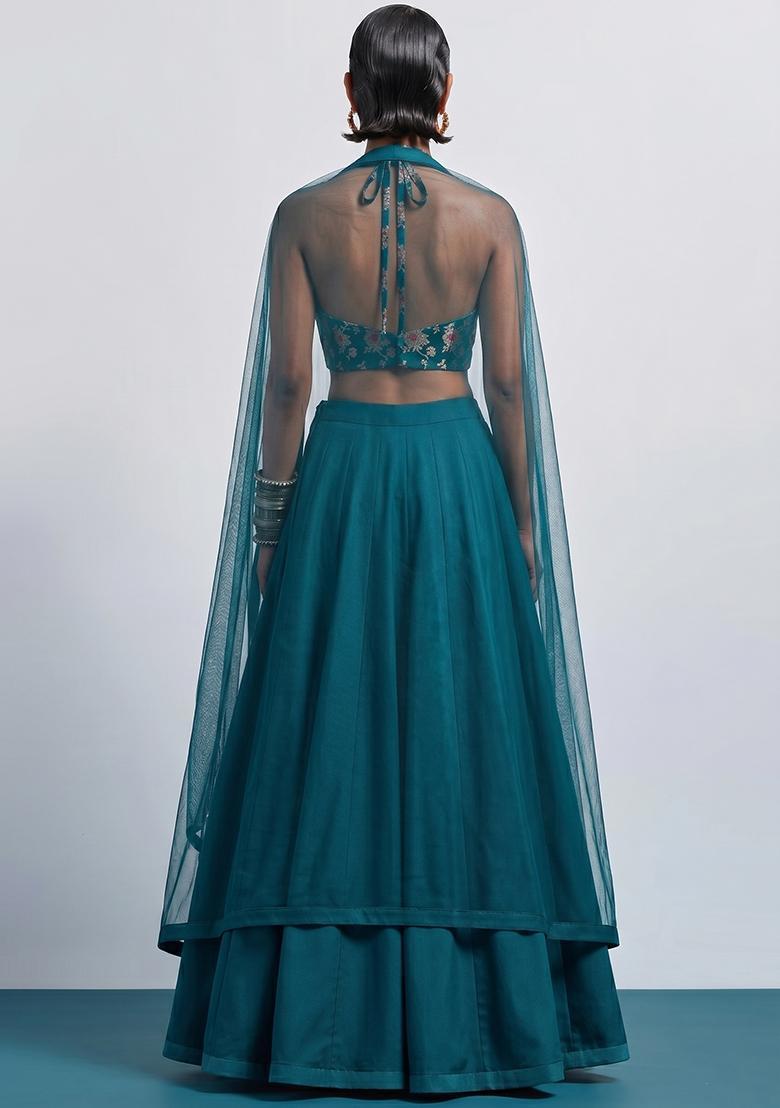 Deep Teal Brocade Lehenga Set - Indya