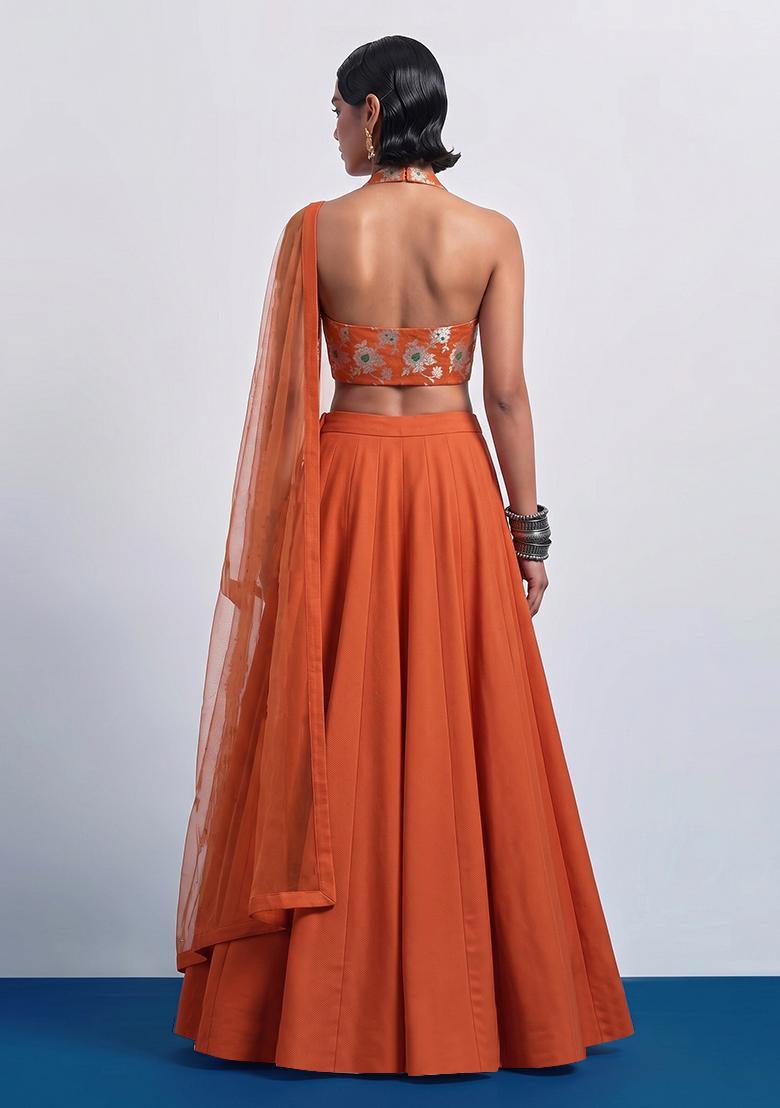Burnt Orange Brocade Lehenga Set - Indya