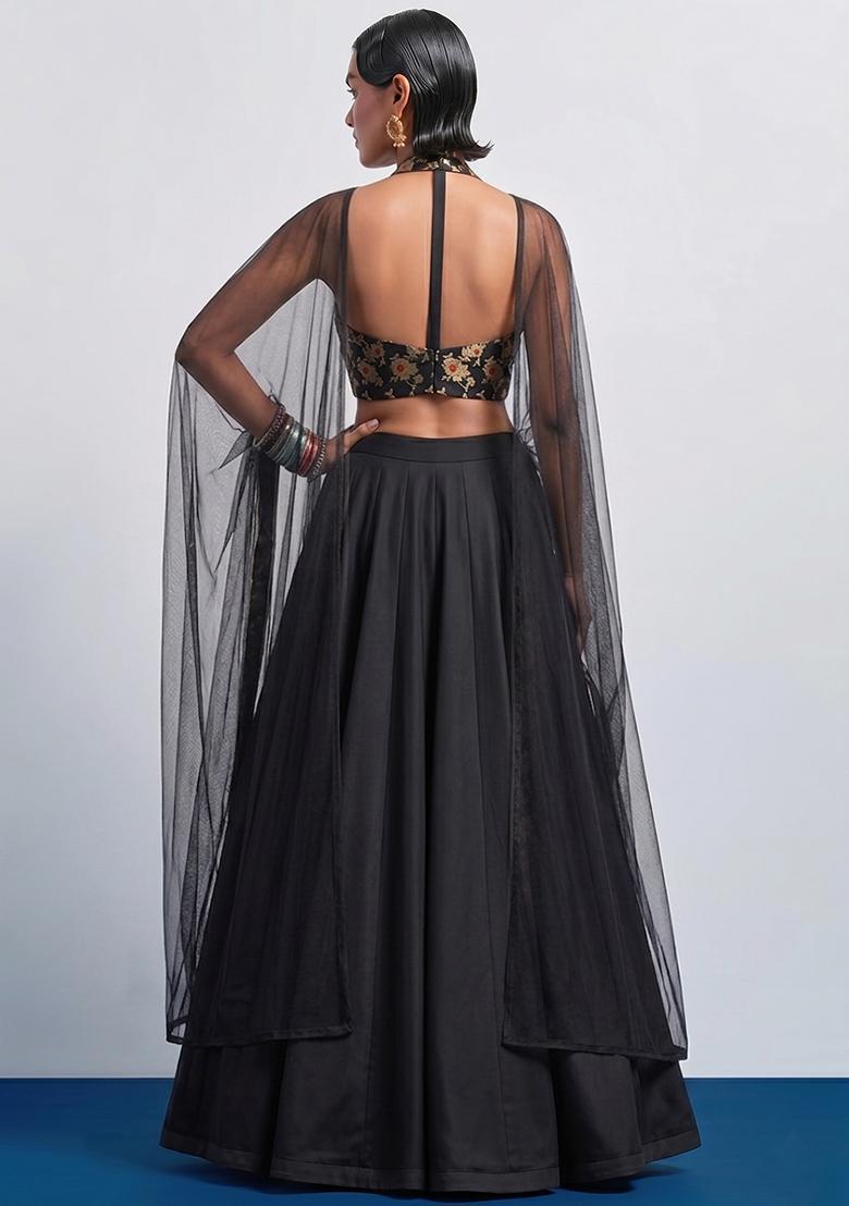 Jet Black Brocade Lehenga Set - Indya