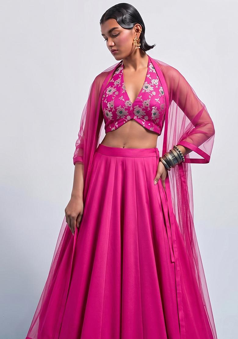 Fuchsia Pink Brocade Lehenga Set - Indya