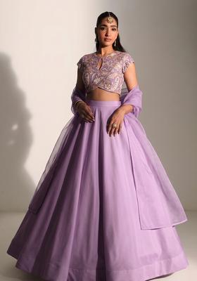 Lavender Printed Crepe Lehenga Set